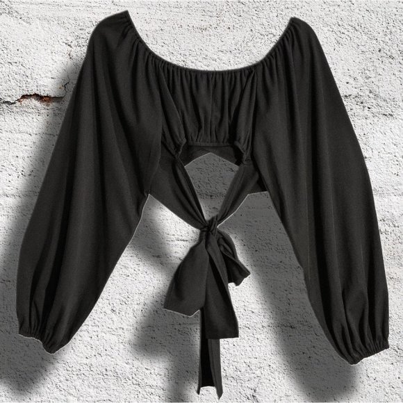 Bluebell Bishop Sleeved Peasant Style Neck Tie Back Ribbed Black Crop sz M - Picture 2 of 4